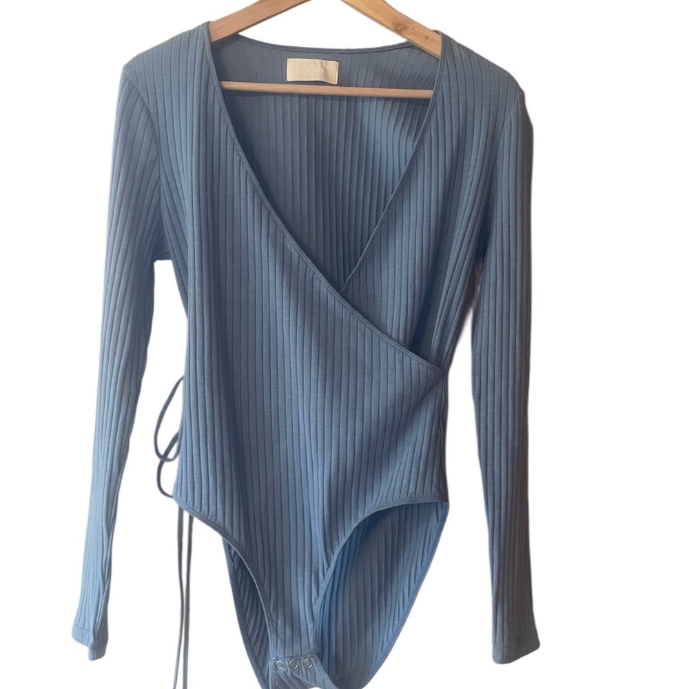 New Capulet Bodysuit Blue Long Sleeve Vneck Crossover Large Sexy Top Cotton NWT